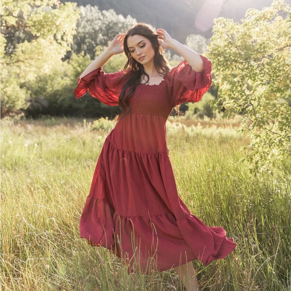NWT Jovi Lynn Smocked Midi Dress with Pockets - Deep Red
